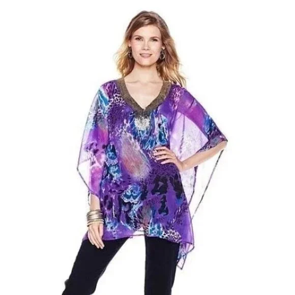 Joan Boyce Purple Printed Chiffon Tunic V-Neck w/Silver Beaded Trim Missy NWT$99 - Picture 13 of 13